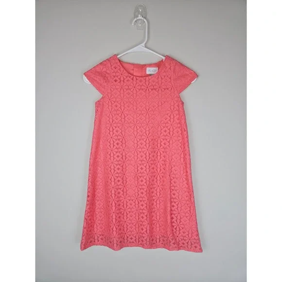 The Childrens Place Girls Coral Pink Floral Lace Shift Dress Short Sleeve 7/8 - Picture 1 of 7